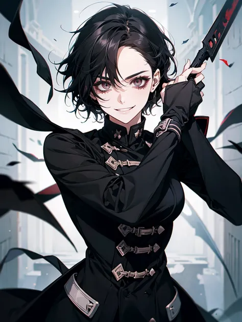 1 woman, short black hair, evil wide smile, carrying blades of chaos