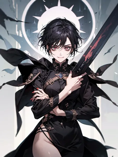 1 woman, short black hair, evil wide smile, carrying blades of chaos