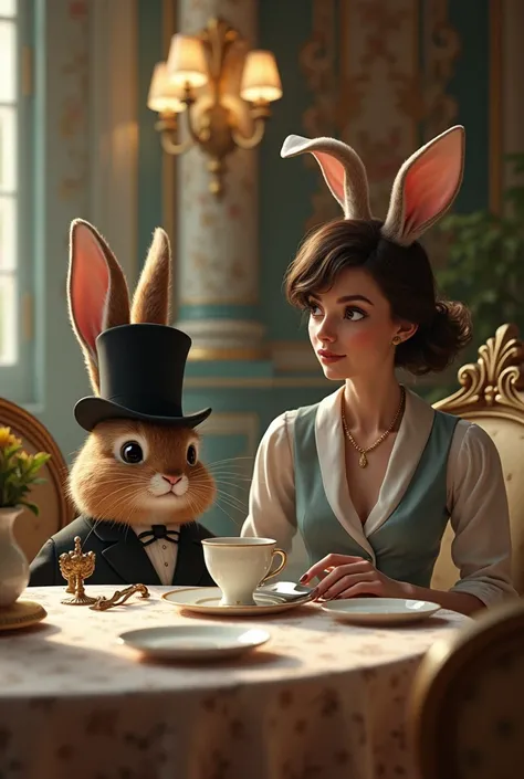 Woman sitting at a fancy table drinking coffee with a rabbit sitting with a black hat