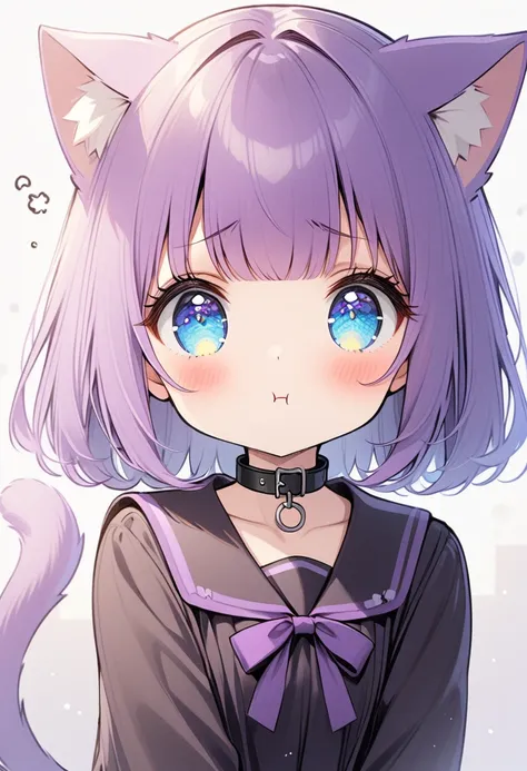 1 girl, blue eyes, by the wide, hits, purple hair, old, sad pout, black collar, cat ears, purple cat tail, black clothes