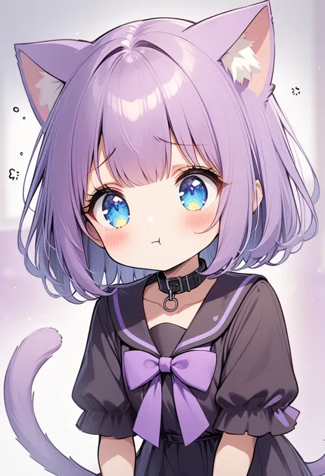 1 girl, blue eyes, by the wide, hits, purple hair, old, sad pout, black collar, cat ears, purple cat tail, black clothes