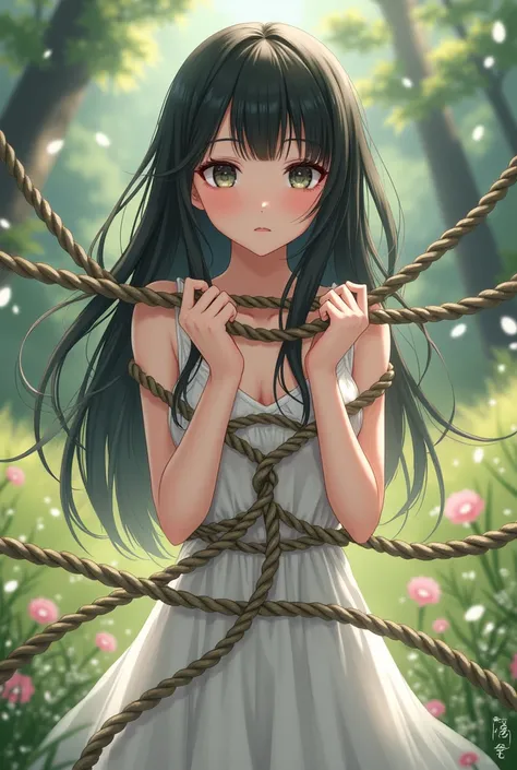 Anime Girl in white sundress tied up with ropes