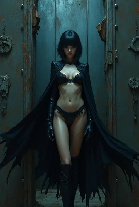 Dark short haircut blue eyes vampire girl lingerie panties stockings cape goes to her grandfather and orders him to tear off a steel armored door like nothing else 