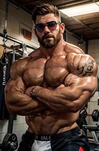 Cross your arms in front of your body、Open your mouth:1.2,Muscle gym trainer, muscular body, huge chest and arms, bulk, angry. sunglasses、Visible veins、Tentacles clinging to the body、Tentacle entanglement、Tentacles penetrate deep into clothing、Masseter mus...