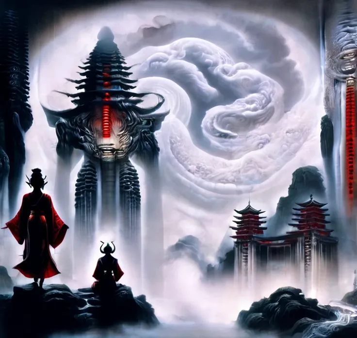 (guiguai),(1girl:1.2),1 girl stands in front of a huge monster,1lady standing,(full body:1.1),(looking at viewer:1.5),detailed face,detailed eyes,dramatic lighting,monster,wing,red lanterns,(chinese-style architecture:1.2),translucent soul,luminous,atmosph...