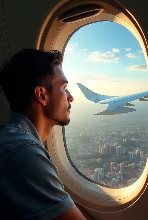 A man looking through the window of an ATR 72 plane flying over the city 