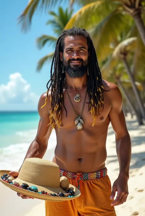 create the image of close-up of a street vendor on a beach in Venezuela. The vendor is a white American man, descendant of Spanish Canarians, with a builtfat type of body, he is a bit fat, he has slim arms, a product of sun and exercise. His face shape is ...