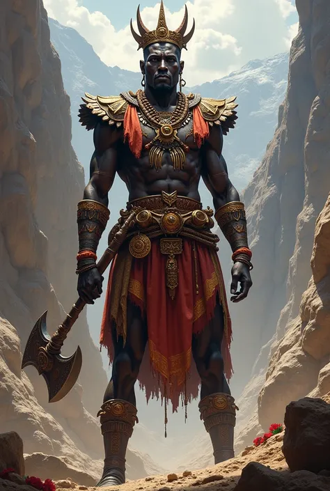 Orixa man with black skin, Xango, wearing brown and red clothes in the quarries of the mountains, with his axe in his hands, in the forces of fire, without horns, with his crown as king of the mountains, short hair 
