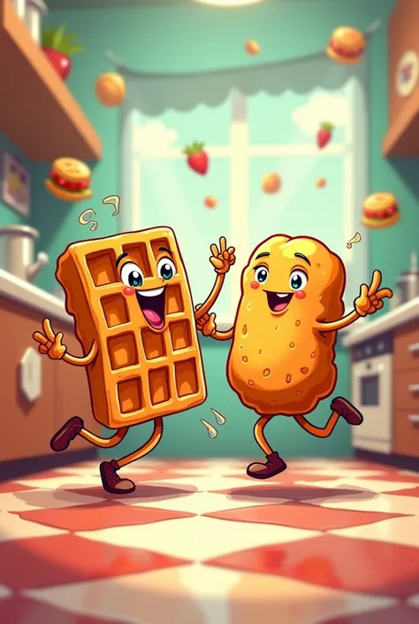 A cartoon waffle and tater tot dancing 