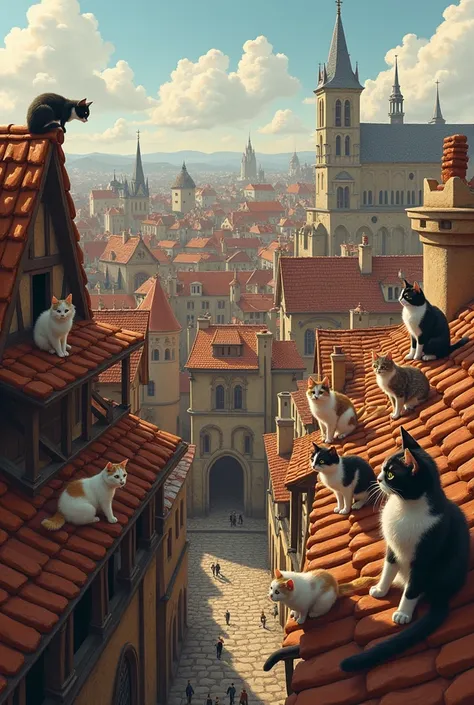 Lots of cats on the roof of a city in the Middle Ages