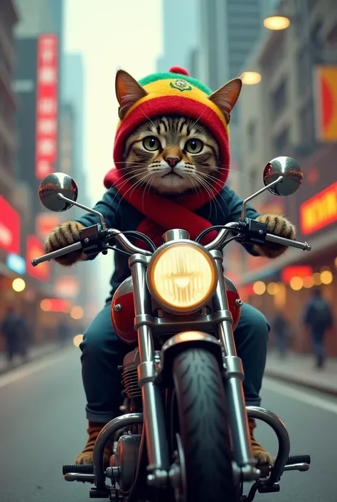 A cat with a Bolivian flag hat on a motorcycle
