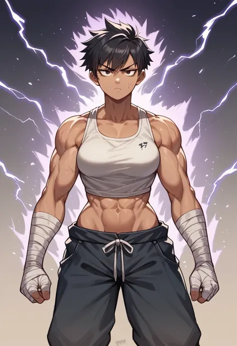 Masterpiece, Best Quality, anime style, 1girl, female, tomboy, muscular, black hair, short hair, dark eyes, hand wraps, fists raised, dirt road, purple aura, lightning aura, sparking aura