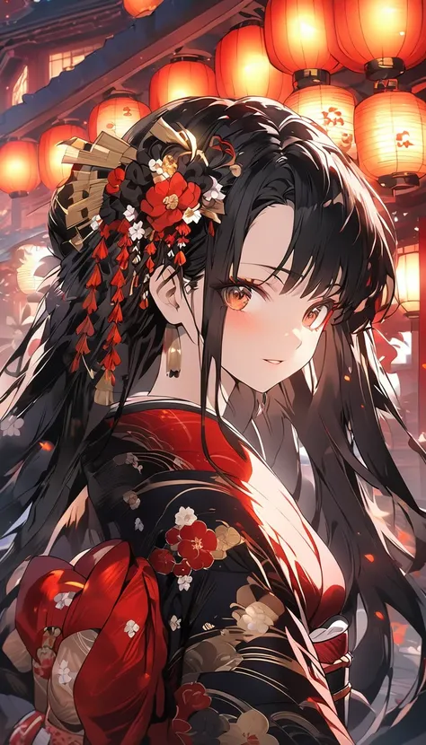 masterpiece, anime girl in kimono, (((kimono with red, gold and black flower details))), (((flower decorations in hair))) red fl...