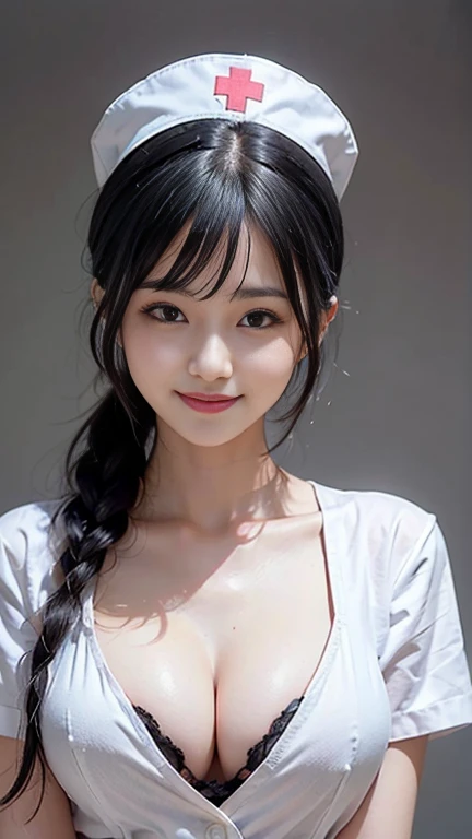 ((Highest quality、masterpiece、High resolution))、(((Zoom photo of upper body、Black Hair)))、(A shy smile:1.2)、One Woman、Beautiful Skin、Beautiful Eyes、Cleavage、Nurse uniform、Shorn bangs、ponytail、Breasts popping out of clothes