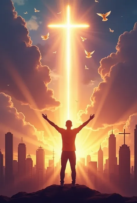 Create an album cover for a Christian rap song titled Elevados en la Fe. The image features a modern city skyline at dawn, with beams of golden light breaking through the clouds, symbolizing divine presence. In the foreground, a person stands with arms rai...