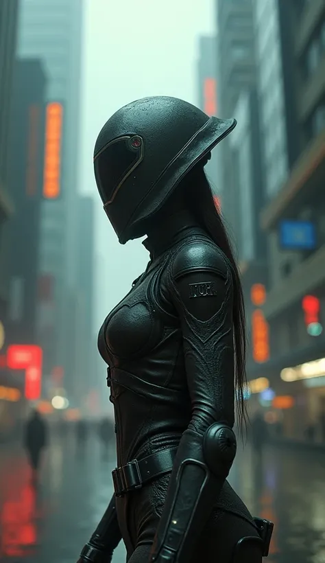 Raw photo of a young woman standing in the middle of a cyberpunk city, (modern futuristic city:1.3), (View the viewer:1.2), Skin Texture, NCR-Ranger Armor, Fluid Closed Helmet, Upper Body, Cinematography