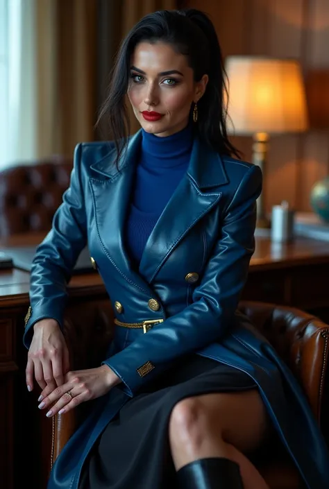 photo of  a soaked and sweaty completly clothed horny prime minister of parliament woman with a  sensual smile sitting on a office leather chair on  her desk  legs crossed ,waitin for the man she loves , monica bellucci at 3 , ((incredibly clear blue eyes ...