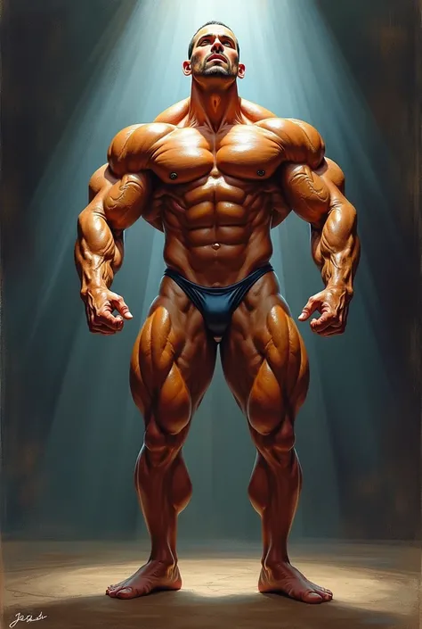 A drawing of a bodybuilder in a classic competition pose, with defined and vascularized muscles, on a stage with dramatic lighting that highlights every detail of the body, creating an almost sculptural effect