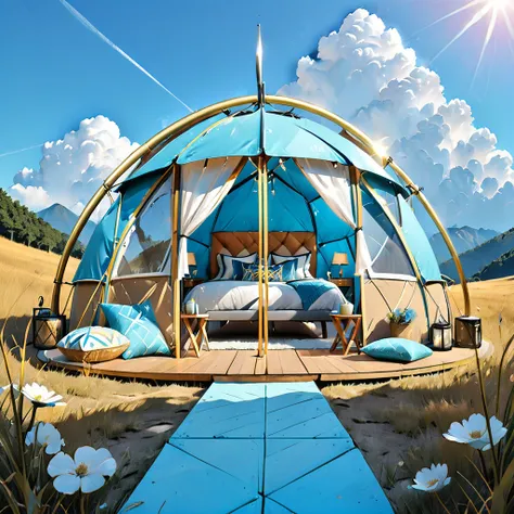 glamping、symbol、three-dimensional、shine、shine、gold、the background is blue sky