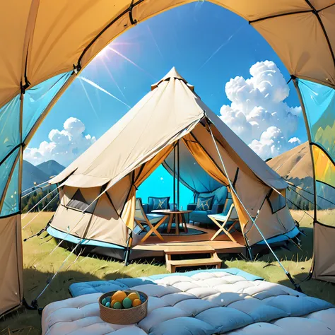 glamping、symbol、three-dimensional、shine、shine、gold、the background is blue sky