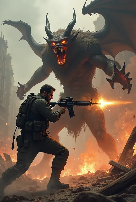 Picture a man fighting a demon using an assault rifle. 