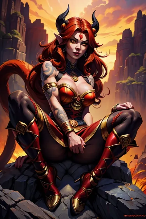 a beautiful female demon monkey with red hair, yellow eyes, large bust, monkey tail and ears, arrogant and imposing demonic female monkey, wearing traditional clothes of the Monkey King, sitting on a large rock on Mount Huago, gorgeous female demon monkey ...