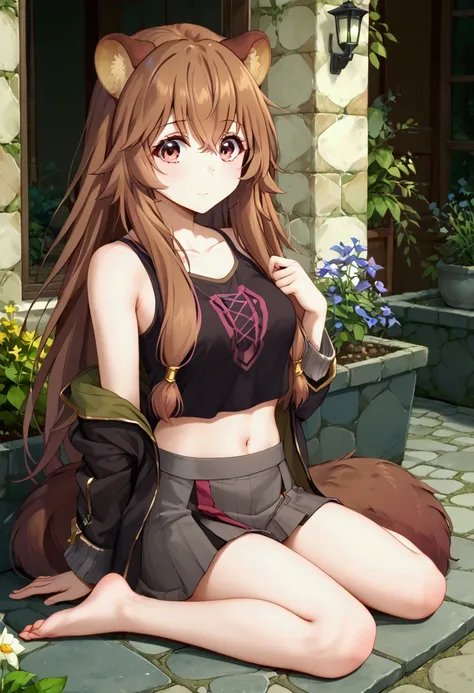  score_9,score_8,  (((perfect face))), (medium breasts), focus breasts, full body view, {looking at viewer},(brown hair), (bangs), (long hair), (animal ears), (raccoon ears), (raccoon girl), (raccoon tail), 1girl, raphtalia, (pink eyes), (detailed eyes), (...