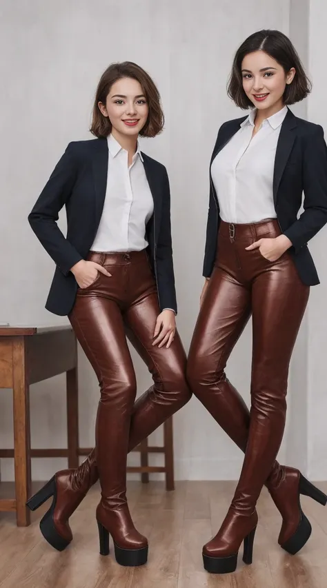 A high quality, (photorealistic), (masterpiece), (ultra realistic), (4k) ((full body)) picture of 2 beautiful pretty young aged 14 European girls with ((brown hair)) welcoming you into a modern classroom with wooden floors wearing school uniforms ((faces v...