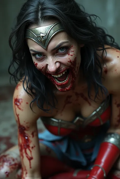 Extreme close-up Wonder Woman zombie Silver metal diaema totally disfigured face Long silver metal bracelets Red boots Zombie eyes (((rotten face and body blood around him))),(((The Walking dead)))