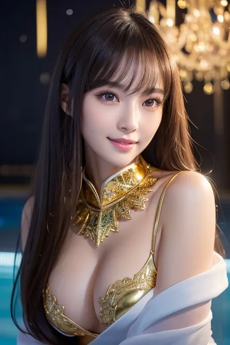 Latex bodysuit、Knee-high boots、Huge 、Long brown hair、Japanese Gravure Idol、Shiny, Oily skin、Glowing Skin、Indoor competition pool、White skin、Kimono beauty, Body Portrait, 8k, Narrow and beautiful eyes, Dindal effect, masterpiece, 最high quality, high quality...