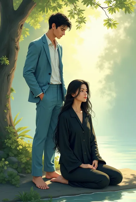 
Realistic scene of a short black haired Caucasian white man, barefoot, standing, wearing a light blue suit, with a relaxed attitude and a slight smile. In a spiritual environment, interacting with a white woman with long black hair, what is medium, wearin...