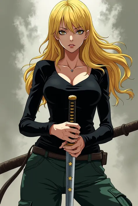 A female character from One Piece with blonde hair, eyes a little tired and black, blonde eyelashes, half serious and calm look, black long-sleeved blouse and dark green cargo pants. Wearing a katana in his hands with star decorations