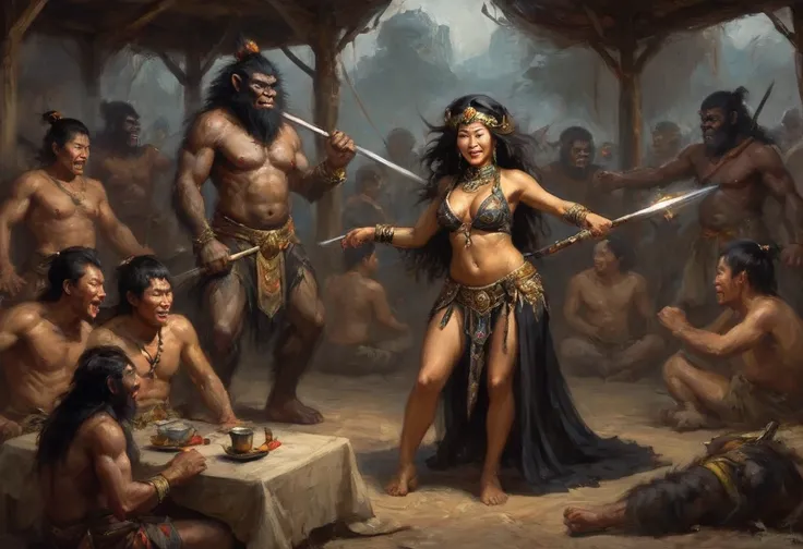 (Black Myth Wukong) A sexy belly dancer (asian woman, large breasts, large butt, sheer dress made of several veils, beetled bra, hourglass figure, laughing face of Black Myth Wukong, dark hairy powerful ape arms) is making a surprised face and shoving a sp...