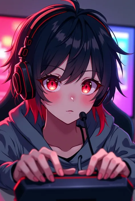 Light skin anime girl, crimson red eyes, short messy black and red hair, black and red gaming headsets, doing a stream 