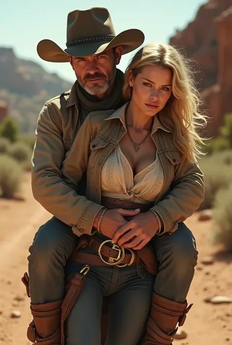 A man, middle-aged and a cowboy hat, has captured a beautiful blonde woman in a sexy cowgirl outfit, She is tied and bound by her hands and feet, She is lying on the ground face down with an angry and cold look on her face., The man carries the girl on his...