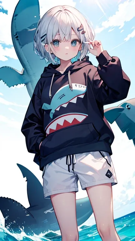 Wearing a shark print hoodie、White Short Hair、Shark face hair clip、(important、A light blue hoodie with a shark&#39;s mouth pattern、White hoodie top and cuffs)Shark Tail、Light blue eyes、Anime Style、Girl、White sneakers、Light blue socks、Fair skin、Small breast...