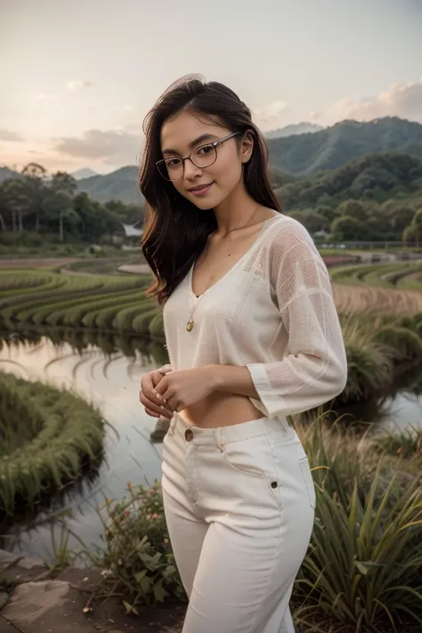 young sweet beautiful bogor city girl standing cheerful on wide rice  field near bogor, descent mixed from sundanese and javanes...