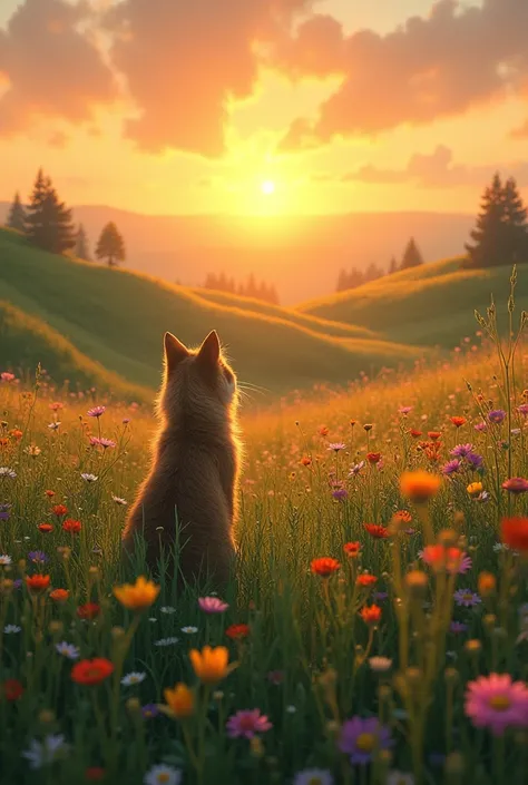 Watching the morning sun in a flowery field
