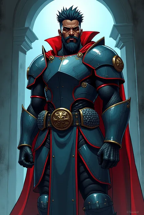 Create an illustration in the art style of the webcomic Necro Abyss from the Tapas platform, depicting a paladin named Redfield. Redfield is a Black man with spiky dark blue hair, a goatee, long sideburns, and a growing mustache. His armor is a dark bluish...