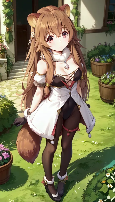  score_9,score_8,  (((perfect face))), (medium breasts), full body view, {looking at viewer},(brown hair), (bangs), (long hair), (animal ears), (raccoon ears), (raccoon girl), (raccoon tail), 1girl, raphtalia, (pink eyes), (detailed eyes), (perfect Eyes), ...