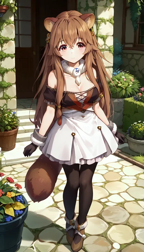  score_9,score_8,  (((perfect face))), (medium breasts), full body view, {looking at viewer},(brown hair), (bangs), (long hair), (animal ears), (raccoon ears), (raccoon girl), (raccoon tail), 1girl, raphtalia, (pink eyes), (detailed eyes), (perfect Eyes), ...