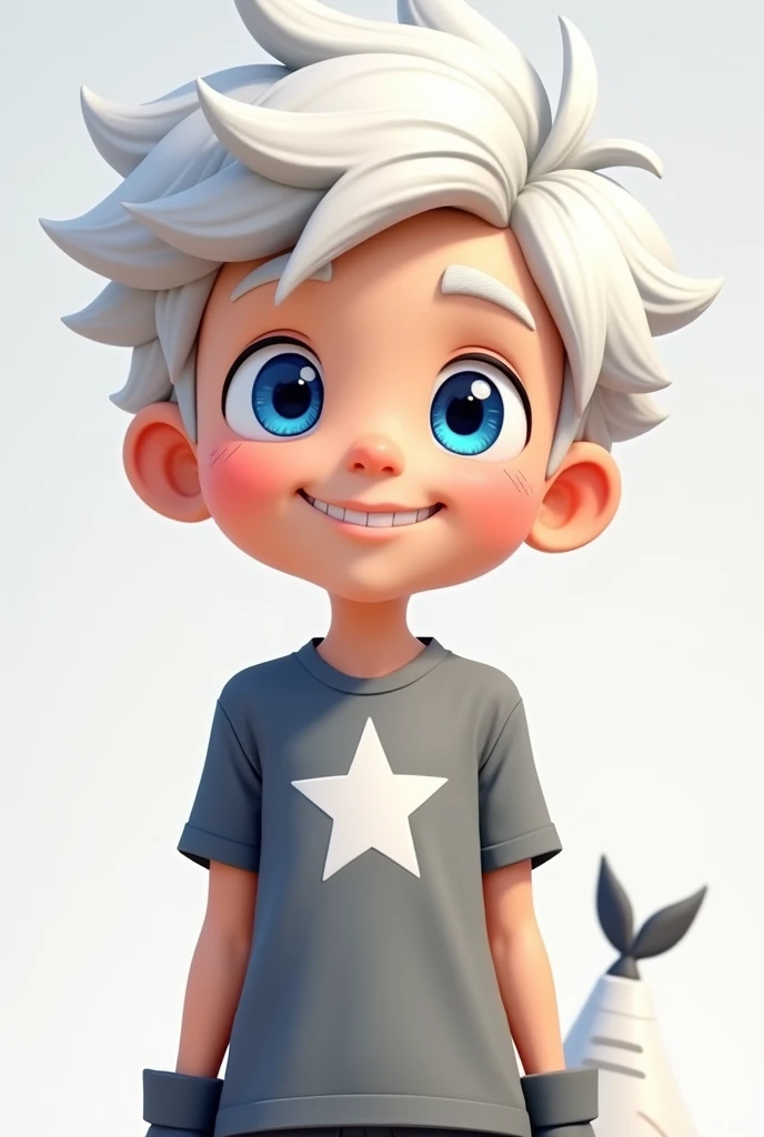 blue eyed boy, by white, grey t-shirt with white with white star logo, elastic bands, grey gloves with white, light black shorts, white fishtail with grey, he has no shoes, animated smile 