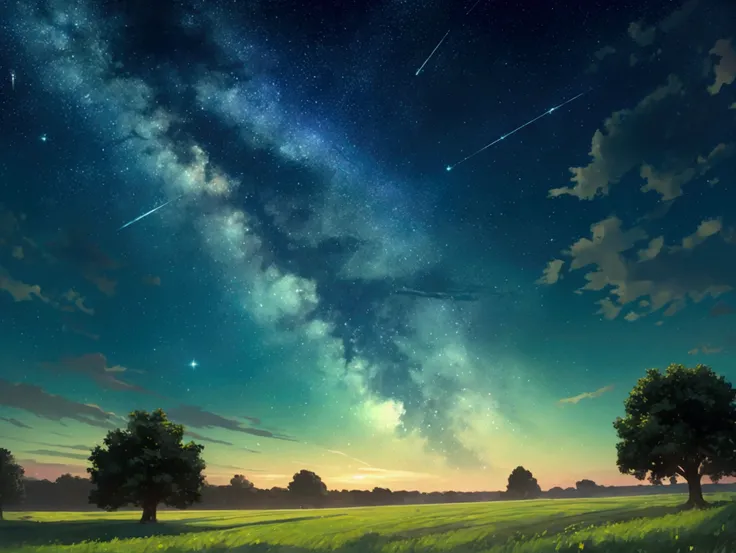 green fields, dark sky, Blue starry sky, luminous dust in the sky, bright shooting stars, horizon view