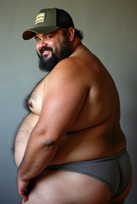 Chubby fat mexican with facial hair wearing a trucker hat sexy shot upclose of his butt wearing a thong