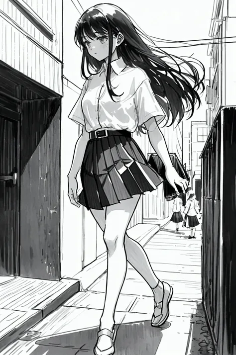 One Girl, Line art, Monochrome, sketch, Pencil drawing, Traditional Media, One Girl, skirt, Cute Teenage Girls, Beautiful portrait、Delicate body、Black Hair、long Hair, landscape, Black and White, HD wearing MAHALAIUNIFORM,(((WHITE SHIRT SHORT SLEEVES))),((B...