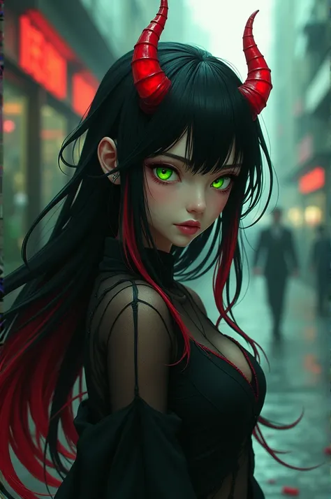 A half demon and half angel girl with black hair with red tips and green eyes (My hero academia version)