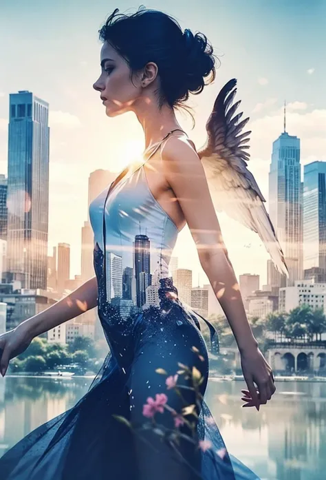 Double exposure，8K，Masterpiece，Best quality，Realistic 8K stock photos，(Pretty girl in flowing dress，The girl has angel wings on her left shoulder, and devil wings on her right shoulder.)，(City background inside the silhouette of the girl，The left city is h...