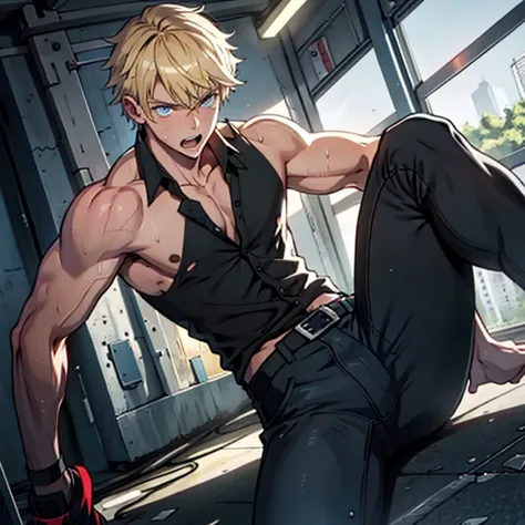 Highest quality,masterpiece　Surprised expression,Raised to be sexy, 　Blonde　Blue eyes　Torn black pants　Electricity is running　get wet　large delicate eyes　The black sleeveless collared shirt was torn　上半身naked　sweating　youth　torture　Skin is visible in places...