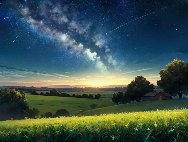 green fields, dark sky, Blue starry sky, luminous dust in the sky, bright shooting stars, horizon view,  cute in the background