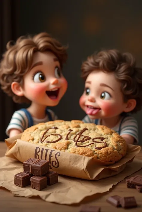 A longer horizontally shaped cookie wrapped in brown paper and has &quot;bites&quot; written on it in white letters with a brown border next to it. It has chocolate squares next to it. There is a child looking at the cookie with his tongue out and smiling ...